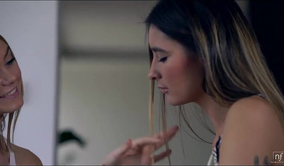 Skinny girl lifts up the legs of her lover and starts eating her tight pussy