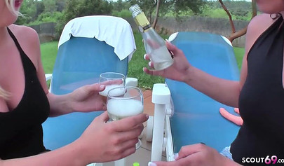 German teen hoes lose a bet and have to have public girl on girl sex on a bench