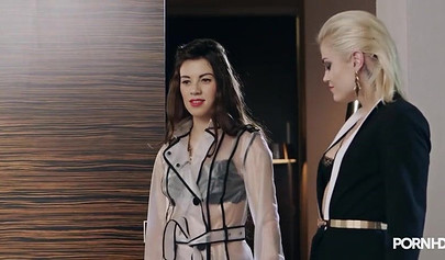 Two strap ons and three lesbians to use them in an amazing hardcore fuck session