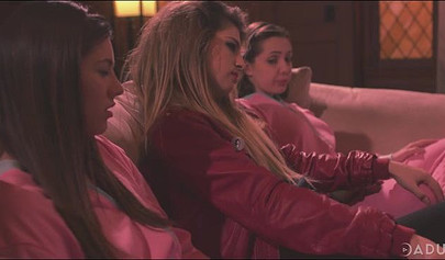 Living room fun with three lesbians who make the couch a sexy fuck fest zone