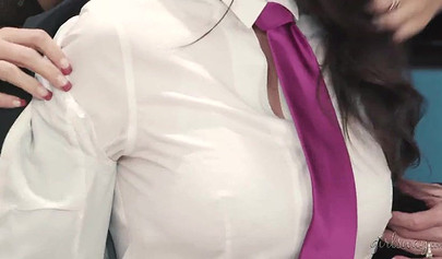 Mindi Monk and her big tits rock hard as she's fucked by lesbo wearing a strap on