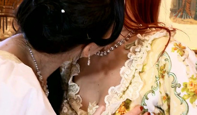 Glamorous redhead Piper Fawn and brunette Walleria have Victorian era lesbian sex