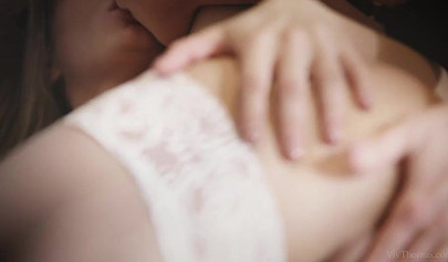 Beautiful lesbian babes with slim bodies in lingerie passionately lick each other