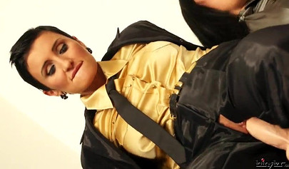 Glamorous lesbians in classy outfits fuck each hard other with massive strapons