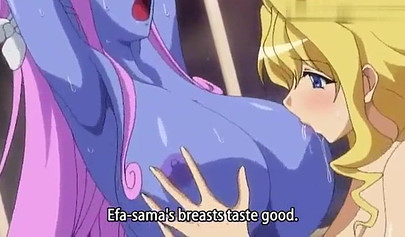 Blonde hentai lesbian and blue alien chick play with each other while being railed