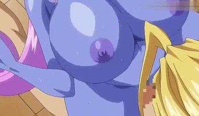 Blonde hentai lesbian and blue alien chick play with each other while being railed