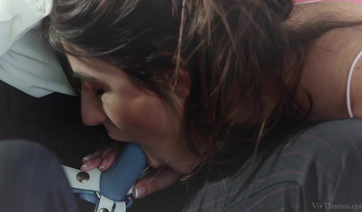 Stunning lesbian with a slim body licks her horny girlfriend and rides her strapon