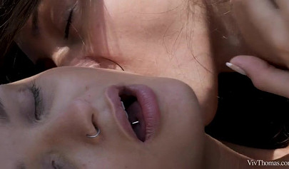 Beautiful young babes enjoy passionate lesbian licking and kissing on a yacht