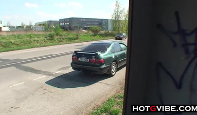 PUBLIC Bus Stop Slut Fucks 2 Guys