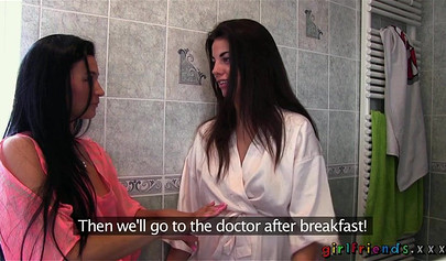 Ravishing dykes strip each other in the bathroom and lick their pussies to orgasm