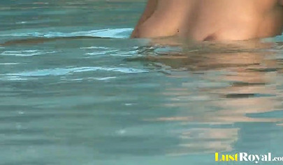 Exotic ebony lesbians lick each other by the pool before fucking with sex toys