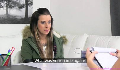 Young lesbian ends up being fucked after interview by a horny dyke with a strapon