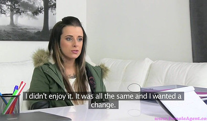 Young lesbian ends up being fucked after interview by a horny dyke with a strapon