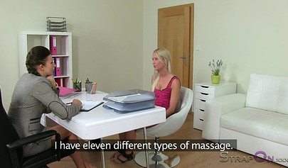 Young blonde passes the lesbian test as her snatch is banged with a strap-on