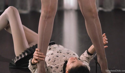 Elegant ladies in pantyhose use strap-on and enjoy it