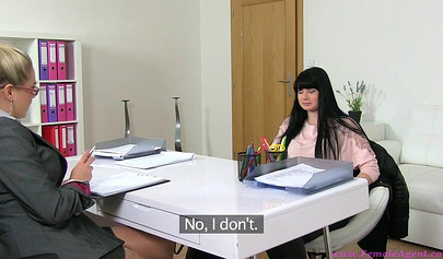 Hot brunette shows her sexual skills on a casting couch