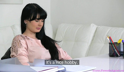 Hot brunette shows her sexual skills on a casting couch