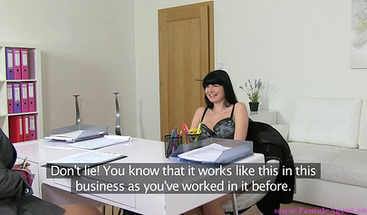 Hot brunette shows her sexual skills on a casting couch