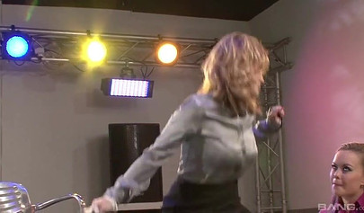 Slutty whore in silk blouse has fun with her girlfriend