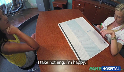 Blonde administrator seduces a beatiful client at the hospital