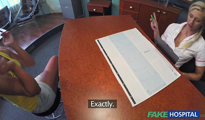 Blonde administrator seduces a beatiful client at the hospital