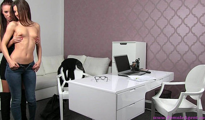 Slutty girls have fun together at the casting