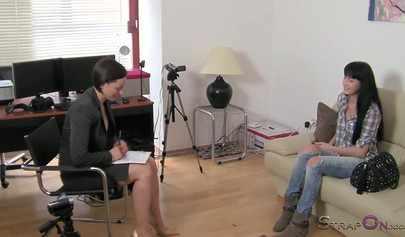 Amateur lesbian strap-on sex at the casting