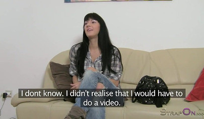 Amateur lesbian strap-on sex at the casting