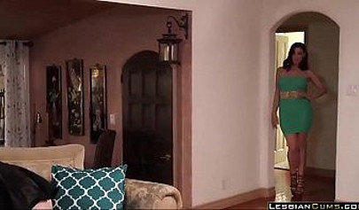 Busty brunette housewife seduces her young and slim maid into steamy lesbian sex