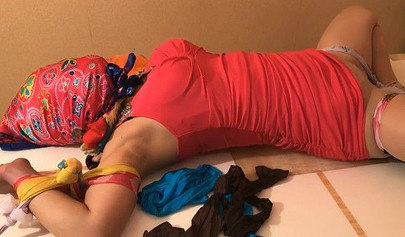 Asian scarf bondage with pantyhose on a face