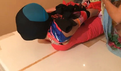 Asian scarf bondage with pantyhose on a face