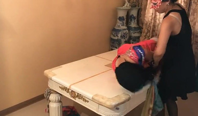 Asian scarf bondage with pantyhose on a face