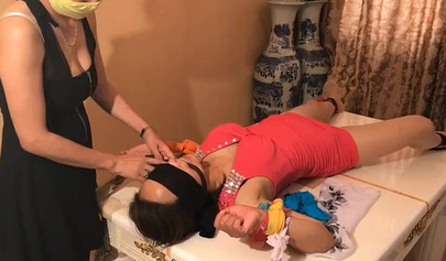 Asian scarf bondage with pantyhose on a face