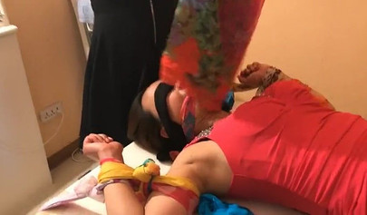 Asian scarf bondage with pantyhose on a face