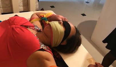 Asian scarf bondage with pantyhose on a face