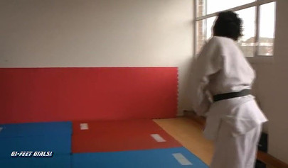 Japanese girls fight in kimonos and practice karate