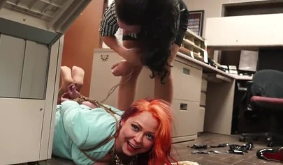 Chubby secretaries practice bondage in the office