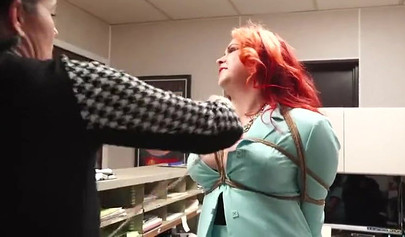 Chubby secretaries practice bondage in the office