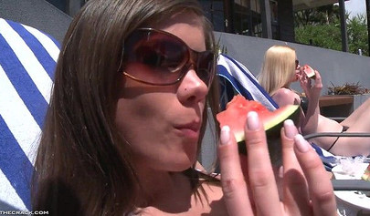 Kala Ferard, Little Caprice, Melissa Mendiny play by the pool