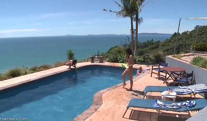Kala Ferard, Little Caprice, Melissa Mendiny play by the pool