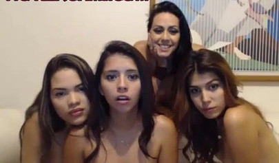 Four latina babes spreading long legs and eating pussy