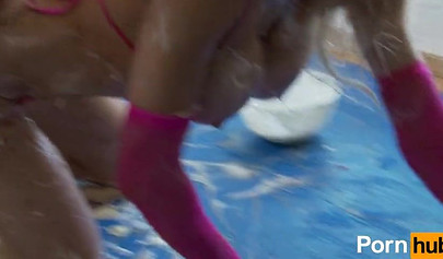 Sexy blondes smear pie on their bodies and have fun