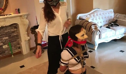 Chinese femdom scarf bondage for a college girl