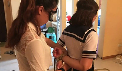 Chinese femdom scarf bondage for a college girl
