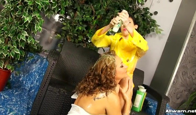 Hot and sexy girls shampooing with each other and undressing