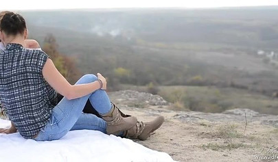 Sweet lesbians fingering each other's tight slit outdoors