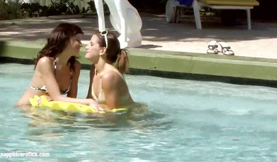 Wet lesbian fun with horny girls in the pool