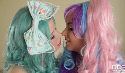Cosplay lesbians in pantyhose enjoy foot fetish