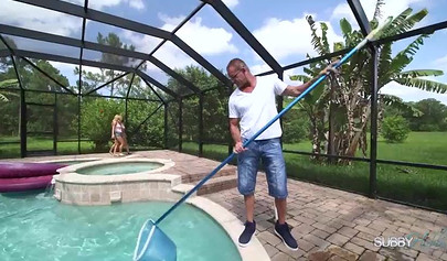 Two busty mistresses punish their old slave