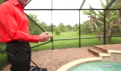 Two busty mistresses punish their old slave